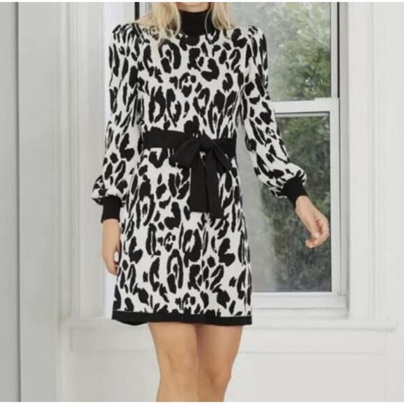 WHO WHAT WEAR Black & White Leopard Print Turtleneck Belted Sweater Dress Size M - Picture 1 of 8